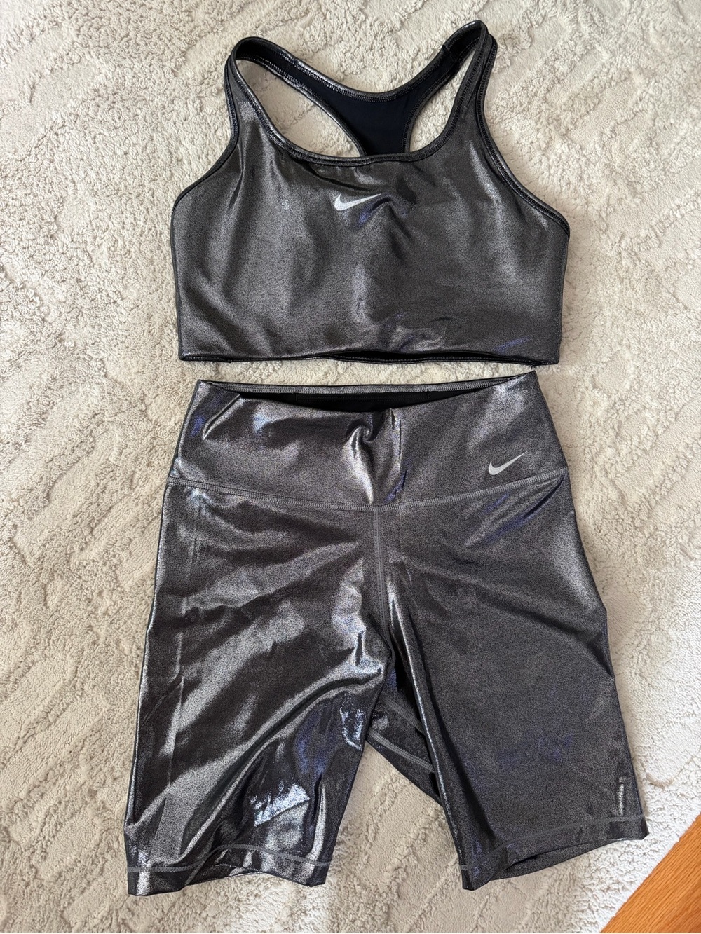 Nike Girls' Metallic Black Sports Bra & Bike Shorts Set